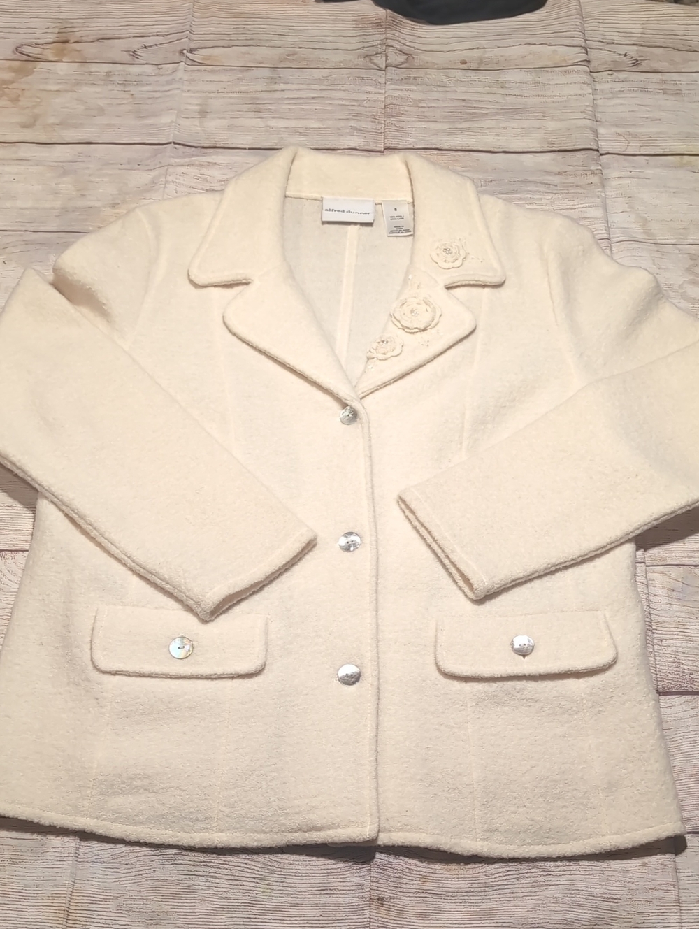 Alfred Dunner Vintage Ivory Textured Wool Floral Detail Lapel Jacket Size Small